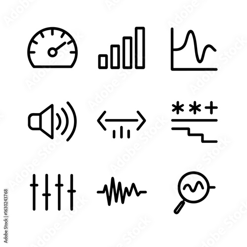 MP3 Audio Icons. Outline icon set of MP3 audio quality: bitrate meter, sample rate, frequency spectrum, loudness, dynamic range,
