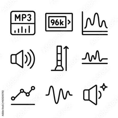 MP3 Audio Icons. Outline icon set of MP3 audio quality: bitrate meter, sample rate, frequency spectrum, loudness, dynamic range,