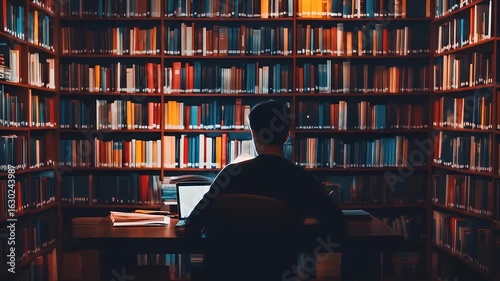 A person working intently at a desk surrounded by shelves filled with books in a dimly lit library setting