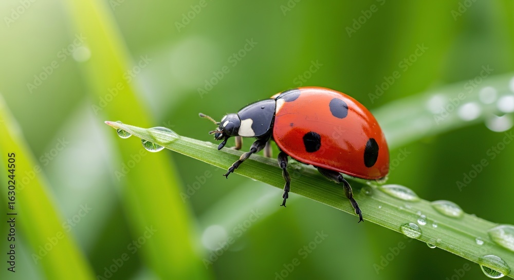 Fototapeta premium Bright red ladybug with black spots crawls on a dew covered blade of grass