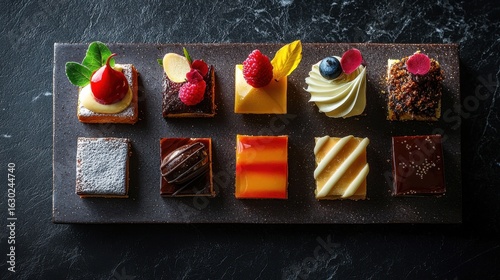 Dessert platter styling with elegant petit four collection on artisan ceramic serving tray displaying colorful glazed pastries with herb garnishes in minimalist arrangement