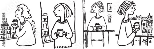 Four people are illustrated enjoying coffee while gazing out of windows, each in different setting. simple line drawings convey sense of calm and reflection