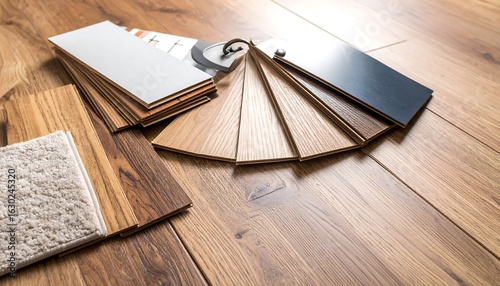Flooring samples displayed on wooden floor