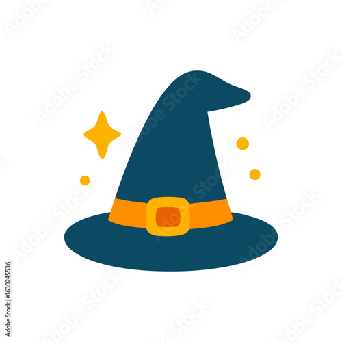 Witch hat with buckle and sparkles, a magical halloween accessory. Ideal for festive, spooky themed designs, halloween graphics, or party invitations.