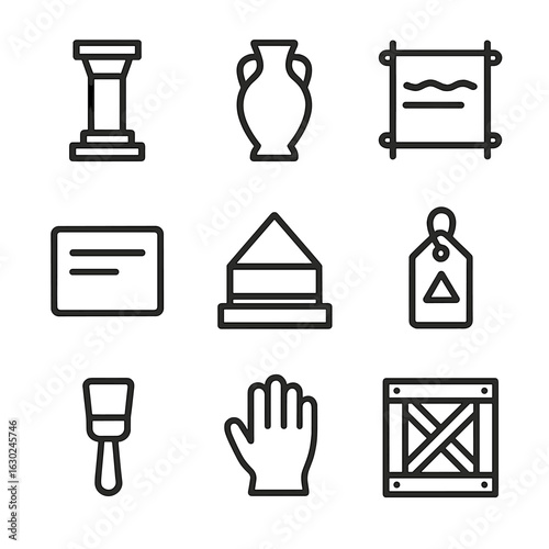 Museum Artifact Icons. Outline icon set of museum relics: display pedestal, ancient vase, preserved scroll, item label, glass case