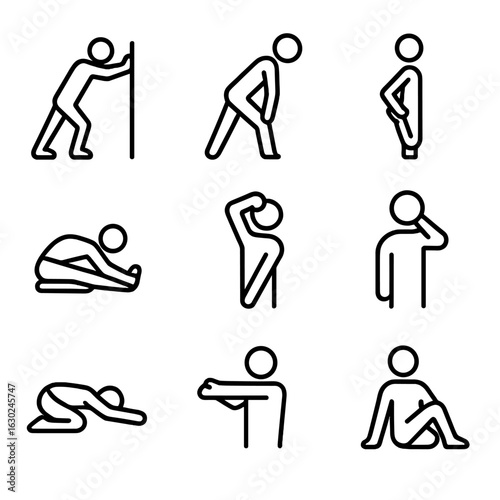 Muscle Stretch Icons. Outline icon set of muscle groups for stretching: calves, hamstrings, quadriceps, glutes, shoulders, neck,