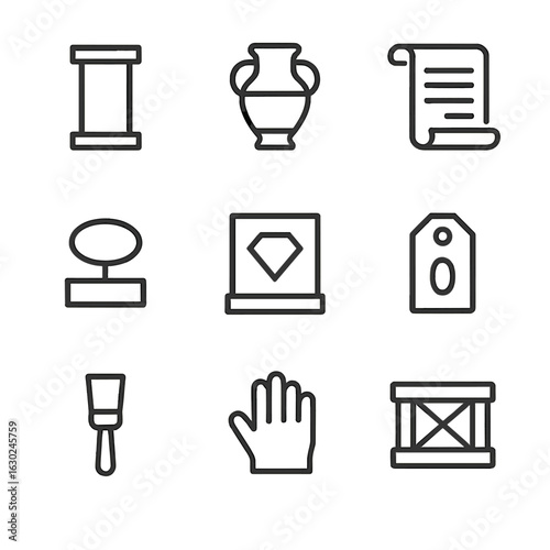 Museum Artifact Icons. Outline icon set of museum relics: display pedestal, ancient vase, preserved scroll, item label, glass case