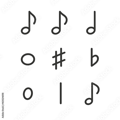 Music Note Icons. Outline icon set of music notes: quarter note, eighth note, half note, whole note, sharp, flat, note head, stem,