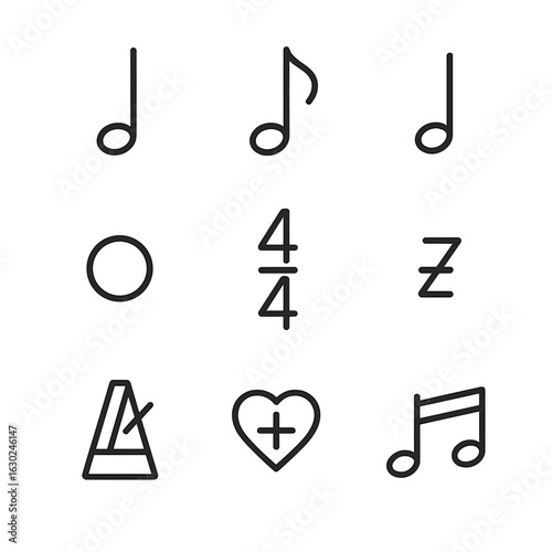 Music Rhythm Icons. Outline icon set of rhythm in music: quarter note, eighth note, half note, whole note, rest, time signature,
