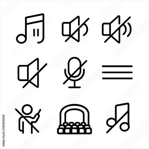 Music Silence Icons. Outline icon set of silence in music: paused music note, muted speaker, sound waves with a line, no sound,