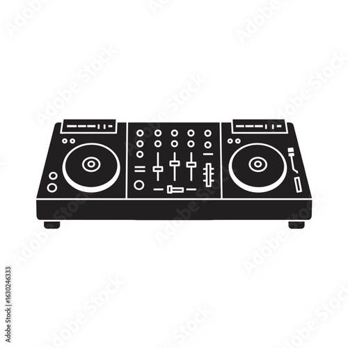 DJ mixer in black color with two turntables and control panel  