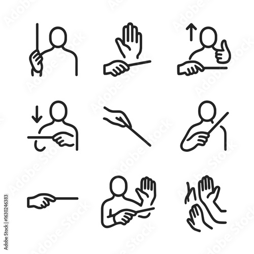 Musical Conducting Icons. Outline icon set of musical conducting gestures: start gesture, stop gesture, tempo increase gesture,