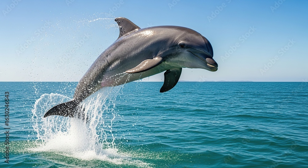 Naklejka premium A playful dolphin leaps from the ocean water creating a splash