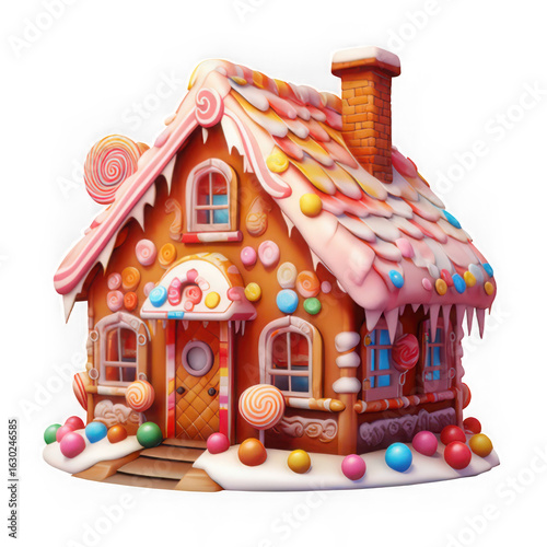 Whimsical gingerbread house with candy decorations isolated on transparent background