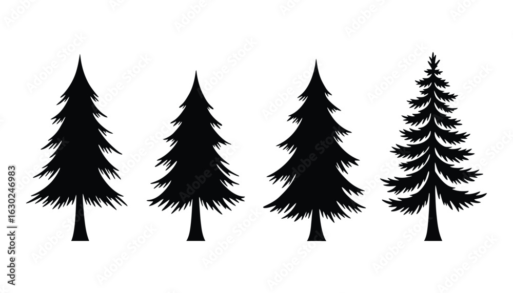 Obraz premium Collection of black pine tree silhouettes on white background. Vector icon set.