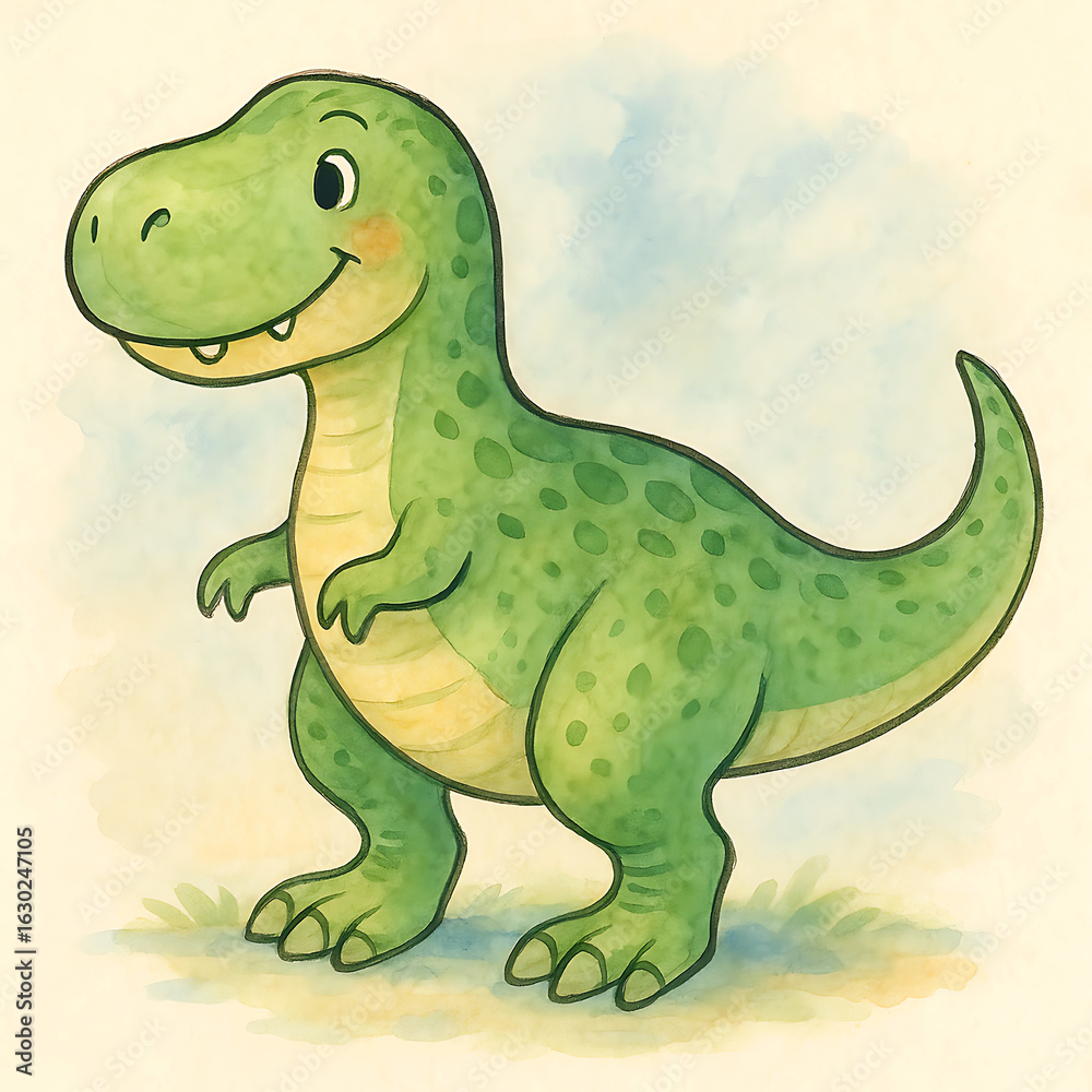 Obraz premium Cute green baby dinosaur smiling on soft pastel background, children’s illustration