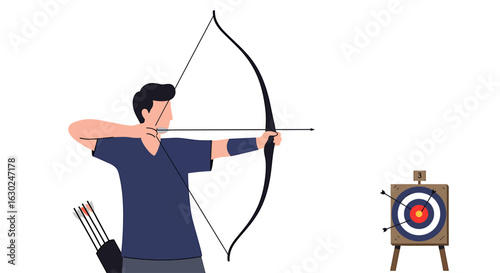 A male archer draws his bow, aiming an arrow at a bullseye target with a quiver on his back.