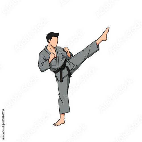 An illustrated man in a grey martial arts uniform with a black belt executing a high kick.