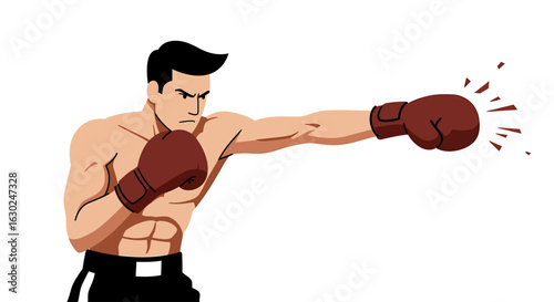An illustration of a strong, shirtless male boxer with a determined expression throwing a powerful punch.