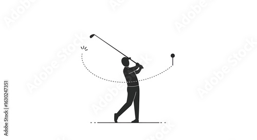 A minimalist silhouette of a golfer completing a powerful swing, with the club's arc and ball's trajectory shown.