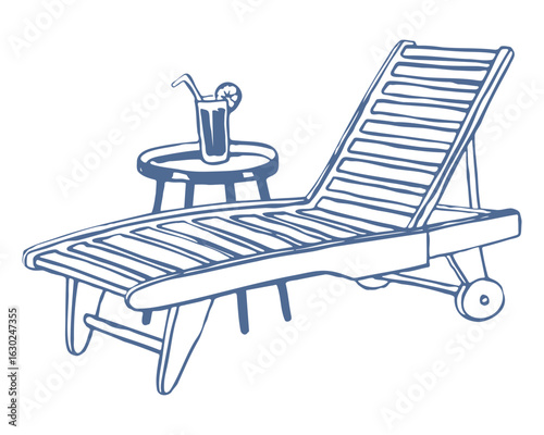 Hand drawn beach lounger with cocktail. Summer lounge chair. Coastal elements. Vacation drawings. Whimsical vector illustration isolated on white background.