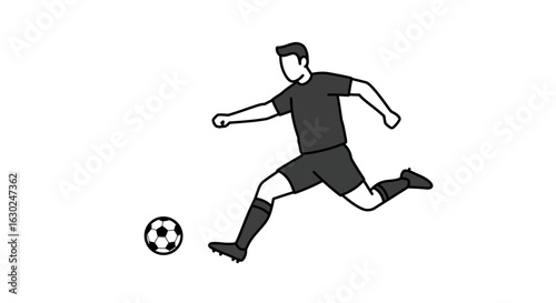A minimalist black and white line art illustration of a soccer player kicking a football.
