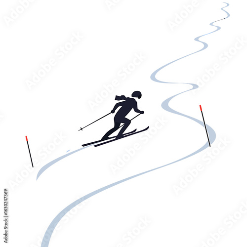 A dynamic silhouette of a person skiing downhill on a snowy, winding course marked by poles.