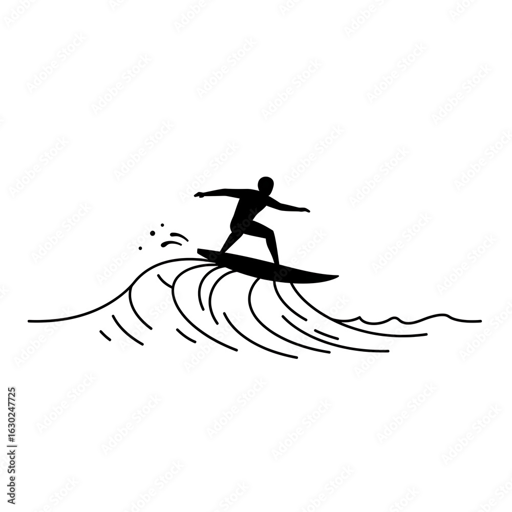 Fototapeta premium A simple black silhouette of a person surfing on a stylized, minimalist wave with a splash.