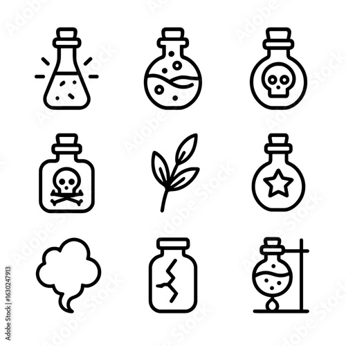 Mysterious Potion Outline Icons. Outline icon set of mysterious potions: glowing vial, bubbling brew, skull flask, poison bottle,