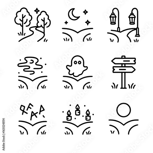 Mystical Crossroads Icons. Outline icon set of mystical crossroads: enchanted path, crossroads at night, lantern posts, misty