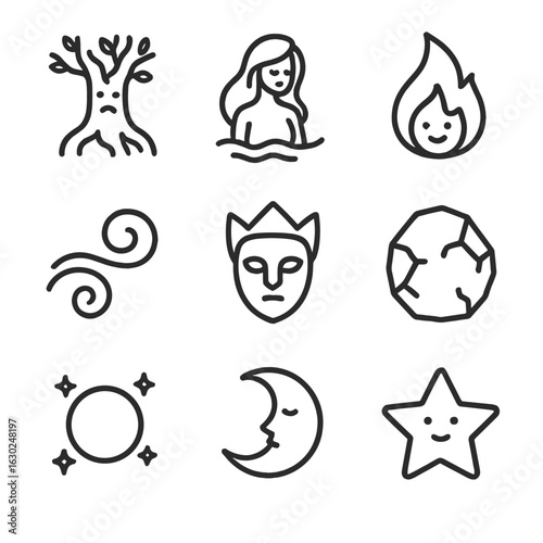 Mystical Spirits Icons. Outline icon set of mystical spirits: forest spirit tree, water nymph outline, fire sprite flame, air