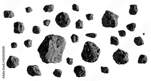 Asteroids or stones or meteorites isolated on white. Asteroid belt or swarm of asteroids or space debris. Stones, Rocks, Boulders floating in the air isolated on white background. 