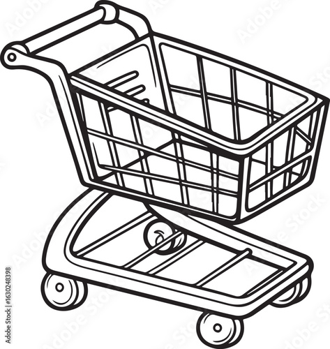 Black and White Line Art of Shopping Cart with Bags – E-commerce and Retail Illustration