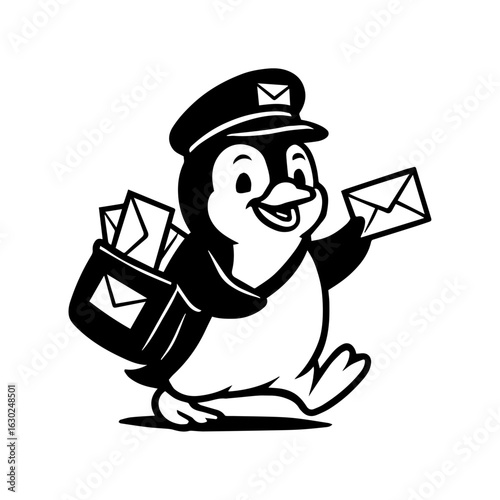 Playful penguin delivering letters as a mailman