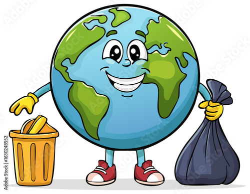 Happy planet earth character helping to clean up trash with a trash bag and bin, cartoon clipart, isolated 