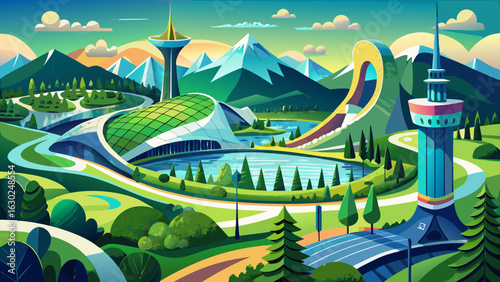 Olympic Park Munich showcases sweeping green landscapes, shimmering lakes, and bold architecture. Towering structures and curved roofs form a dynamic scene, blending nature and innovation with harmoni