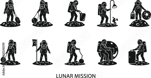 Astronauts exploring the moon's surface in vintage style art