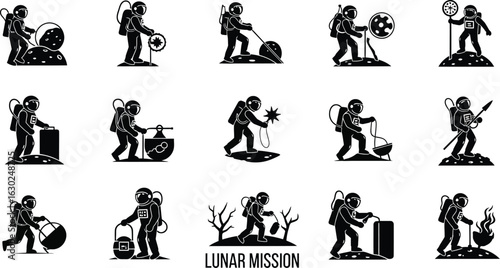 Exploring lunar mission icons featuring astronauts in space suits
