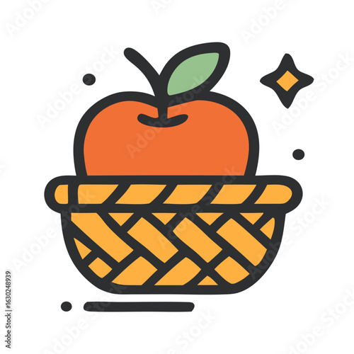 Flat vector icon of a fresh fruit in a woven basket, representing homegrown produce, organic farming, local harvest, natural food, agriculture, and sustainable living concepts