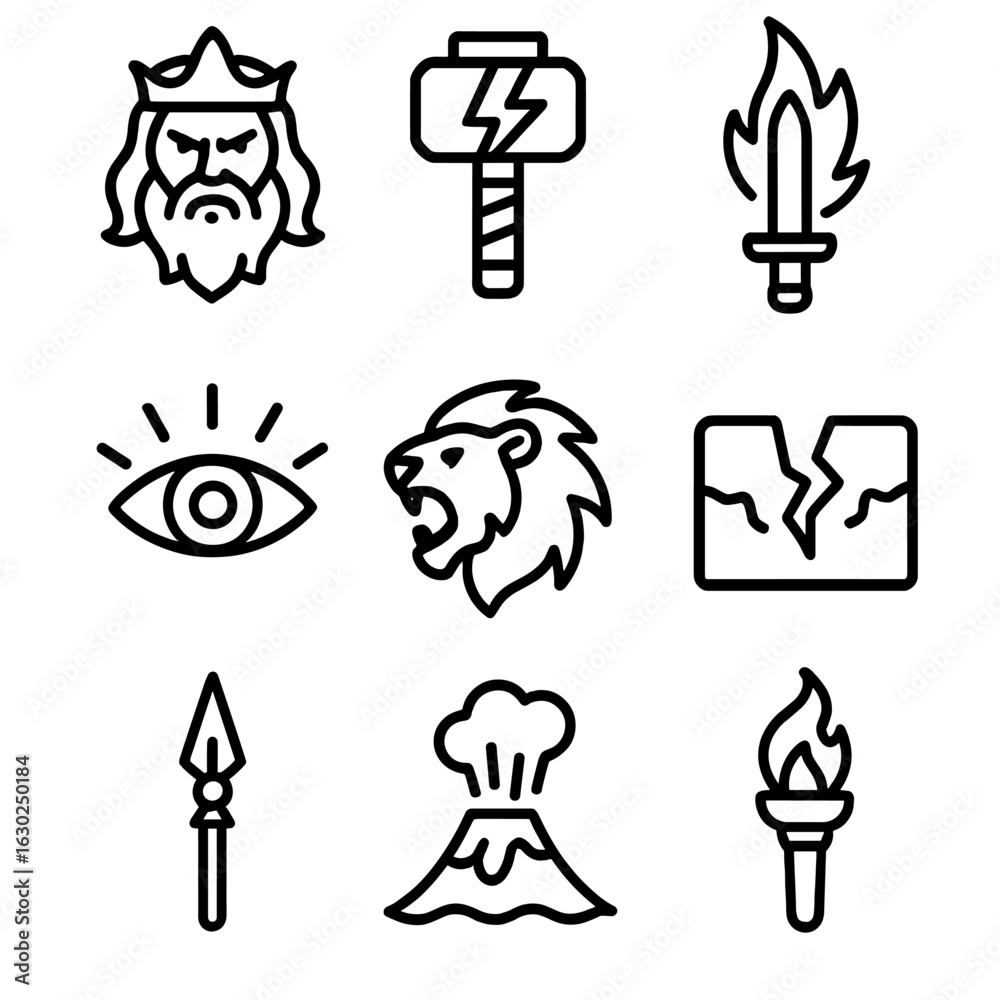 Naklejka premium Mythic Wrath Icons. Outline icon set of mythic wrath: angry god, thunder hammer, flaming sword, wrathful eye, roaring lion,