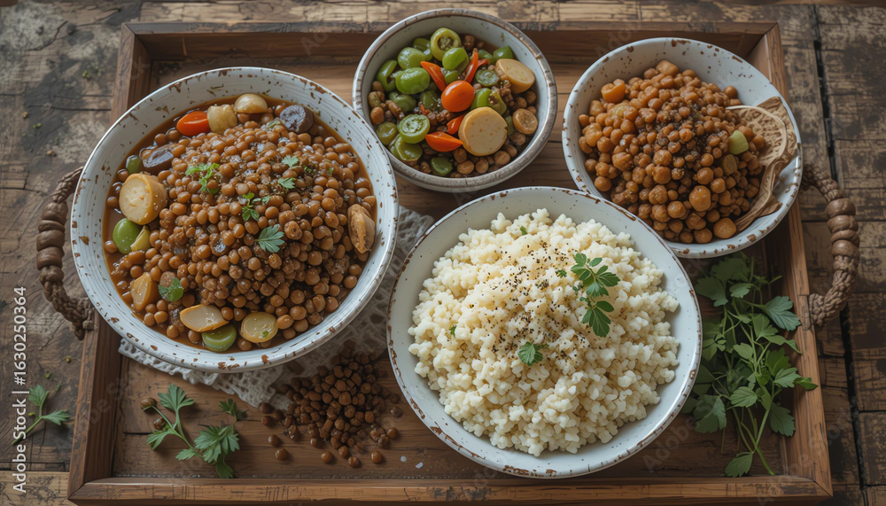 Fototapeta premium Rustic wooden tray with bowls of lentils, rice, and mixed vegetables – home-style dinner