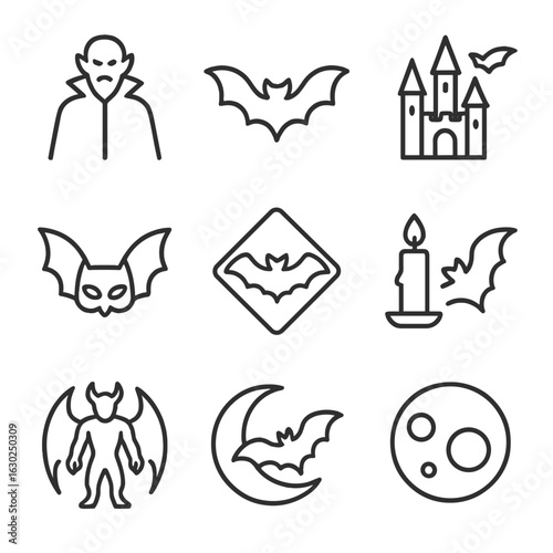Mythical Bat Icons. Outline icon set of bat in mythology and folklore: vampire silhouette, night spirit icon, gothic castle with