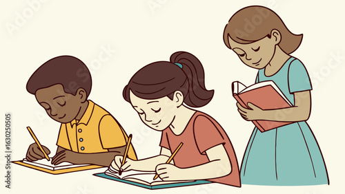 Three Children Studying with Books and Notebooks.