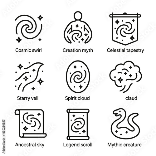 Mythical Nebula & Bird Icons. Outline icon set of nebula in mythology: cosmic swirl symbol, creation myth icon, celestial tapestry