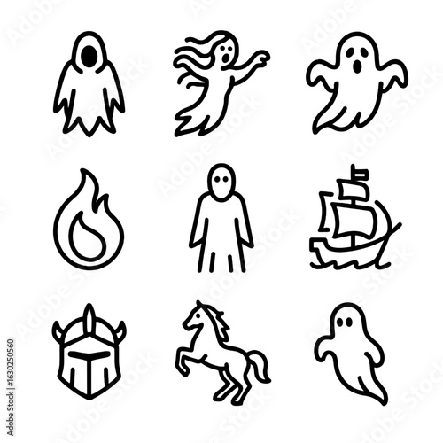 Mythical Phantoms Icons. Outline icon set of mythical phantoms: wraith silhouette, banshee outline, specter figure, poltergeist