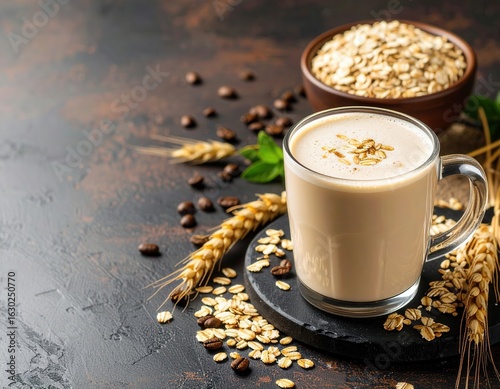 Creamy oat milk in transparent glass mug surrounded by oats wheat grains and coffee beans on dark rustic surface for healthy beverage concept