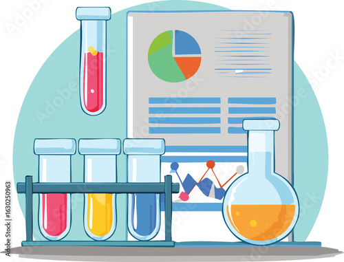 Simple Cartoon Science Lab Scene with Beakers, Test Tubes, and Charts