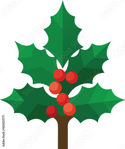 High-quality American holly tree isolated on white background, vibrant green leaves and bright red berries, perfect for Christmas, nature, holiday designs, winter decor, botanical and seasonal project
