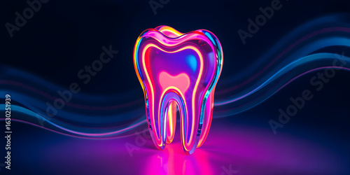 A colorful 3D design of a tooth illuminated with neon hues highlights the innovation in dental health. This artwork represents the importance of oral hygiene and care
