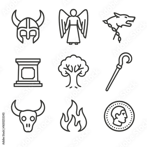Mythological Icons Set. Outline icon set of mythological sacrifice: horned helmet, winged figure, chained beast, sacrificial altar